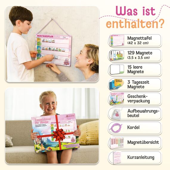 LIKARTO Routine Planer Kinder - Montessori Aufgabenplaner & Magnettafel - Für mehr Struktur im Alltag - individuell anpassbar - Pink