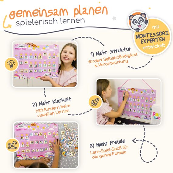 PANDABANDE® Montessori Tagesplaner Kinder Routine [Belohnung, Wetter, 208 Magnete] - Tagesablauf Plan für Morgenroutine & Abendroutine - Idealer Tagesplan Magnetisch, Routineplaner Kind (Dinosaurier)