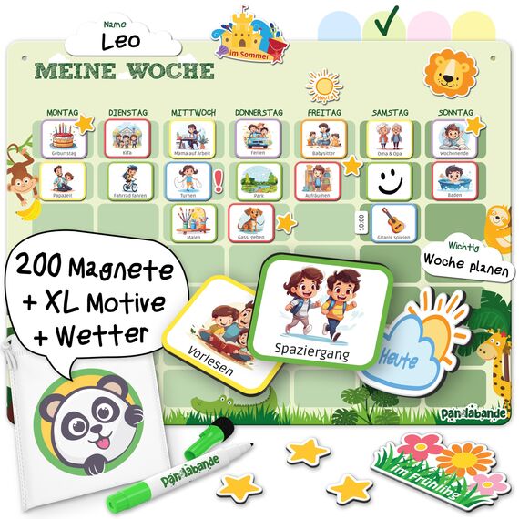PANDABANDE® Montessori Wochenplaner Kinder [Wetter, Belohnung, 210 Magnete] - Magnettafel für mehr Struktur im Alltag - Idealer Wochenplan Magnetisch, Belohnungstafel Kind, Routine Planer (Dschungel)