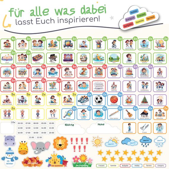 PANDABANDE® Montessori Wochenplaner Kinder [Wetter, Belohnung, 210 Magnete] - Magnettafel für mehr Struktur im Alltag - Idealer Wochenplan Magnetisch, Belohnungstafel Kind, Routine Planer (Dschungel)