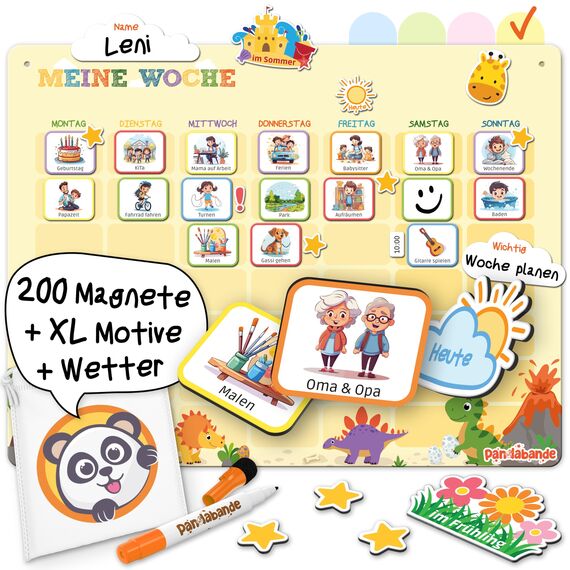 PANDABANDE® Montessori Wochenplaner Kinder [Wetter, Belohnung, 210 Magnete] - Magnettafel für mehr Struktur im Alltag - Idealer Wochenplan Magnetisch, Belohnungstafel Kind, Routine Planer(Dinosaurier)