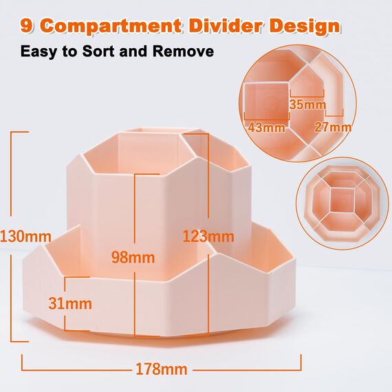 FRETONBA Rotierende Stiftehalter Schreibtisch Organizer, Büro Organizer Stifte Organizer mit 9 Fächern, 360 Grad Stiftehalter Drehbar, Große Kapazität, Rosa