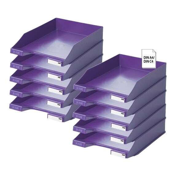 HAN Briefablage Klassik, 10 STÜCK Schreibtisch Organizer, Bürobedarf, Ablagefächer, Büromaterial, Briefkorb, Dokumentenablage, bis Format A4/C4, 1027-X-57, lila