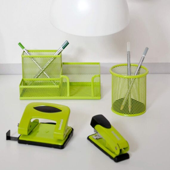 Leviatan Schreibtisch Organizer | Stiftehalter Schreibtisch Stifteköcher Tisch-Organizer aus Metall | Büroablage mit Zettelhalter Mesh | 205x103x98mm Limonenfarben