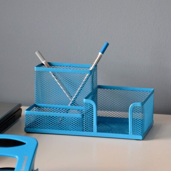 Leviatan Schreibtisch Organizer | Stiftehalter Stifteköcher Tisch-Organizer aus Metall | Büroablage mit Zettelhalter Mesh | 205x103x98mm Blau