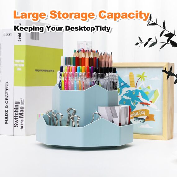 FRETONBA Drehbarer Stiftehalter - 360 Rotierende Große Kapazitätstifte Organizer,Stiftehalter Kinder mit 9 Fächer für Schreibtisch,Büro,Schule,Familie (Blau)