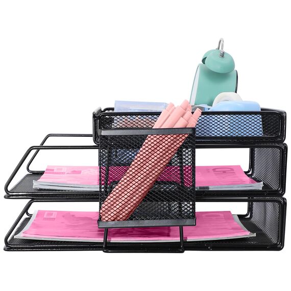 ideallife Stapelbare Briefablage aus Metall, Schwarz Schreibtisch Organizer mit 2 Dokumentenablage und 2 Stiftehalter, Mesh Schreibtischablage für A4 Dokument, Büroablage, Postkörbe