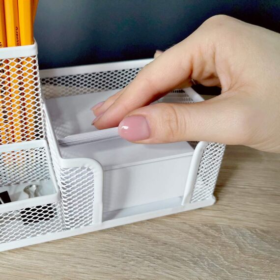 Leviatan Schreibtisch Organizer | Stiftehalter Stifteköcher Tisch-Organizer aus Metall | Büroablage mit Zettelhalter Mesh | 205x103x98mm Perlmuttfarben