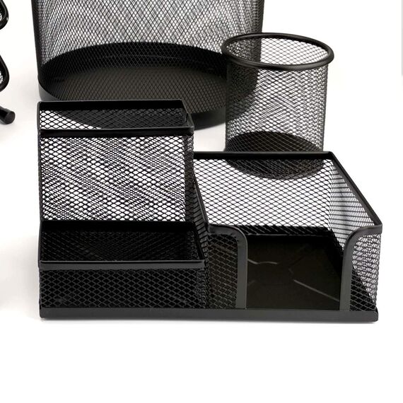 Leviatan Schreibtisch Organizer | Stiftehalter Schreibtisch Stifteköcher Tisch-Organizer aus Metall | Büroablage mit Zettelhalter Mesh | 205x103x98mm Schwarz