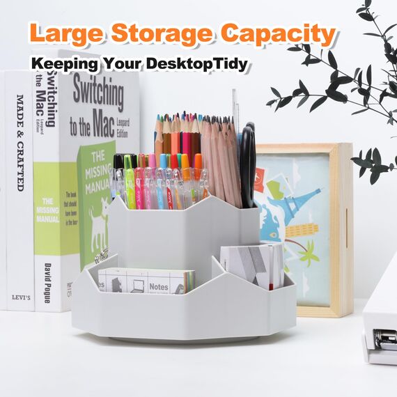 FRETONBA Rotierende Stiftehalter Schreibtisch Organizer, Büro Organizer Stifte Organizer mit 9 Fächern, 360 Grad Stiftehalter Drehbar, Große Kapazität, Grau