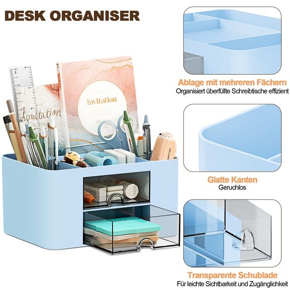 PAMIYO Schreibtisch Organizer 7 Fächer Plastik Büro Organizer, Multifunktionaler Stiftehalter Schreibtisch mit Schublade,Tisch Organizer aus Kunststoff, Stifteköcher für Büro Zuhause Schule (Blau)