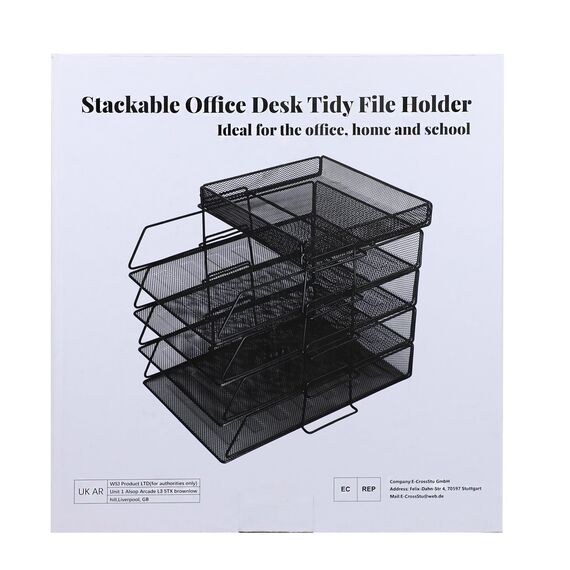 ideallife Stapelbare Briefablage aus Metall, Schwarz Schreibtisch Organizer mit 4 Dokumentenablage und 2 Stiftehalter, Mesh Schreibtischablage für A4 Dokument, Büroablage, Postkörbe