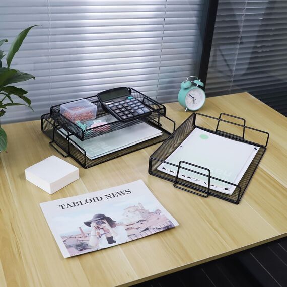 ideallife Schreibtisch Organizer mit Dokumentenablage, 2 Stück Briefablage Metall Stapelbar mit Oberes Tablett, Schreibtischablage für A4 Papier, Bürobedarf