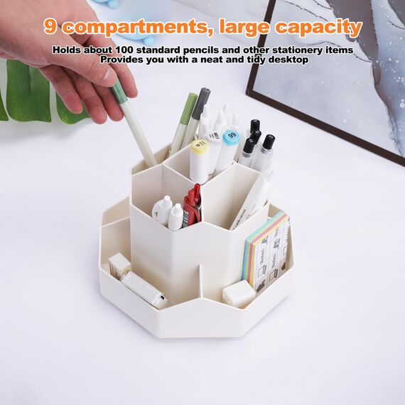 FRETONBA Drehbarer Stiftehalter - 360 Rotierende Große Kapazitätstifte Organizer,Stiftehalter Kinder mit 9 Fächer für Schreibtisch,Büro,Schule,Familie（Weiß
