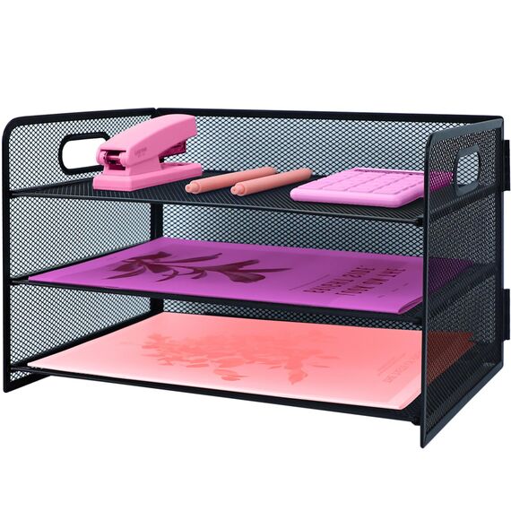 ideallife Briefablage mit 3 Ebenen, mit Griff, Metallgitter, Schreibtisch-Organizer mit verschiebbaren Ablagen, Papiersortierer, Schreibtisch für Zuhause, Büro, Schule, Schwarz