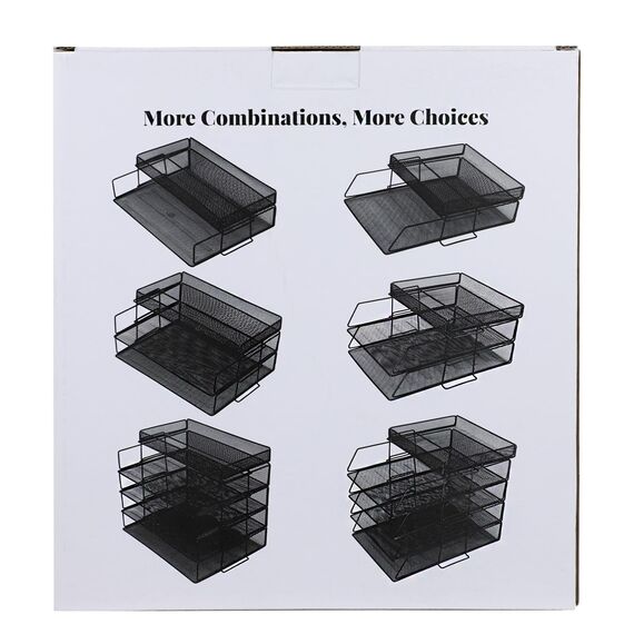 ideallife Stapelbare Briefablage aus Metall, Schwarz Schreibtisch Organizer mit 2 Dokumentenablage und 2 Stiftehalter, Mesh Schreibtischablage für A4 Dokument, Büroablage, Postkörbe