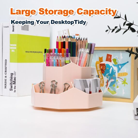 FRETONBA Rotierende Stiftehalter Schreibtisch Organizer, Büro Organizer Stifte Organizer mit 9 Fächern, 360 Grad Stiftehalter Drehbar, Große Kapazität, Rosa