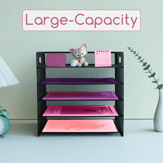 ideallife Briefablage mit 5 Ebenen, mit Griff, Metallgitter, Schreibtisch-Organizer mit verschiebbaren Ablagen, Papiersortierer, Schreibtisch-Organizer für Zuhause, Büro, Schule, Schwarz