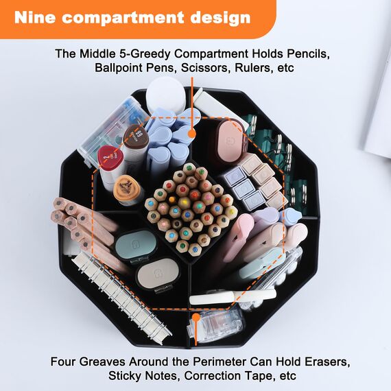 FRETONBA Drehbarer Stiftehalter - 360 Rotierende Große Kapazitätstifte Organizer,Stiftehalter Kinder mit 9 Fächer für Schreibtisch,Büro,Schule,Familie（Schwarz