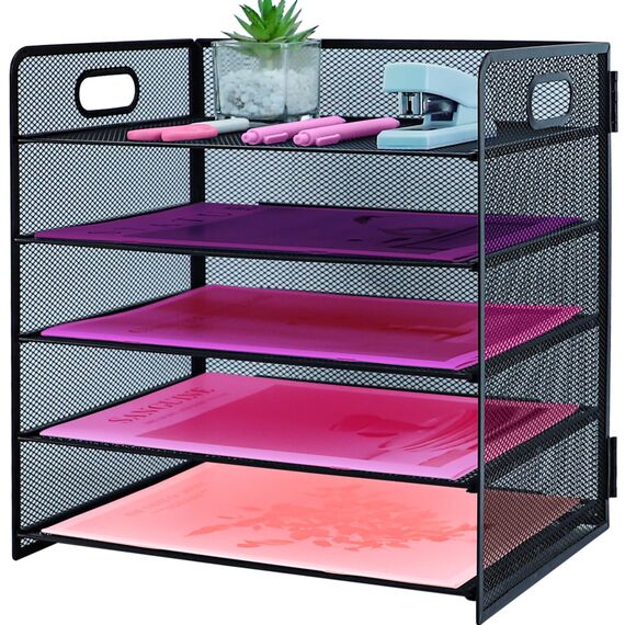ideallife Briefablage mit 5 Ebenen, mit Griff, Metallgitter, Schreibtisch-Organizer mit verschiebbaren Ablagen, Papiersortierer, Schreibtisch-Organizer für Zuhause, Büro, Schule, Schwarz