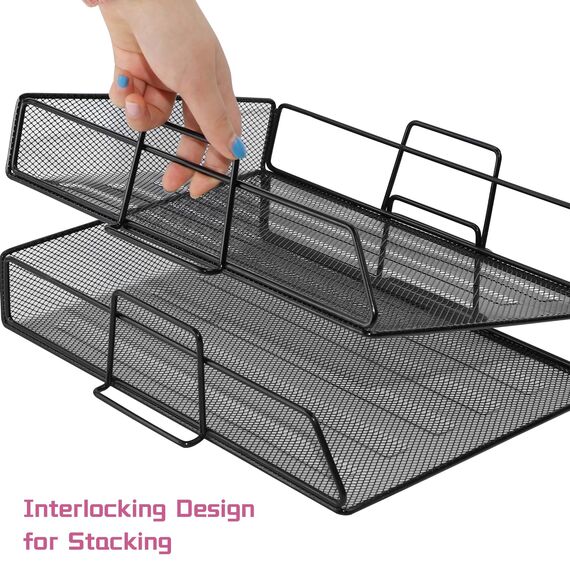 ideallife Stapelbare Briefablage aus Metall, Schwarz Schreibtisch Organizer mit 2 Dokumentenablage und 2 Stiftehalter, Mesh Schreibtischablage für A4 Dokument, Büroablage, Postkörbe