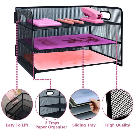 ideallife Briefablage mit 3 Ebenen, mit Griff, Metallgitter, Schreibtisch-Organizer mit verschiebbaren Ablagen, Papiersortierer, Schreibtisch für Zuhause, Büro, Schule, Schwarz