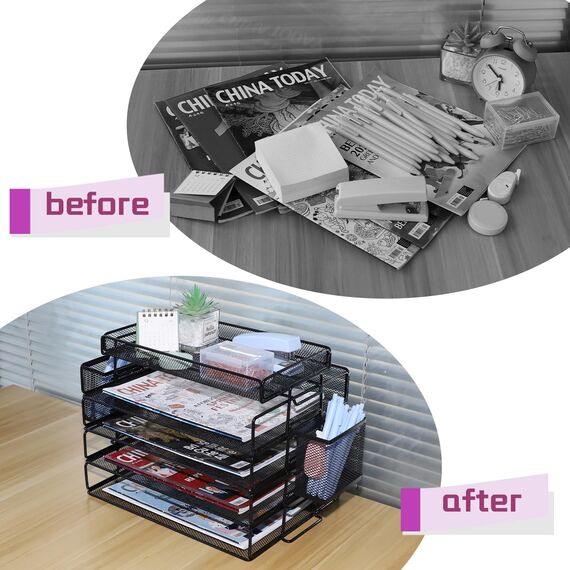 ideallife Briefablage Metall Stapelbar, Zeitschriftenhalter mit 4 Briefablagen aus Metallgeflecht, Büroschreibtisch Ordnungsmappe mit Zwei Stifthaltern für Büro, Schule, Zuhause