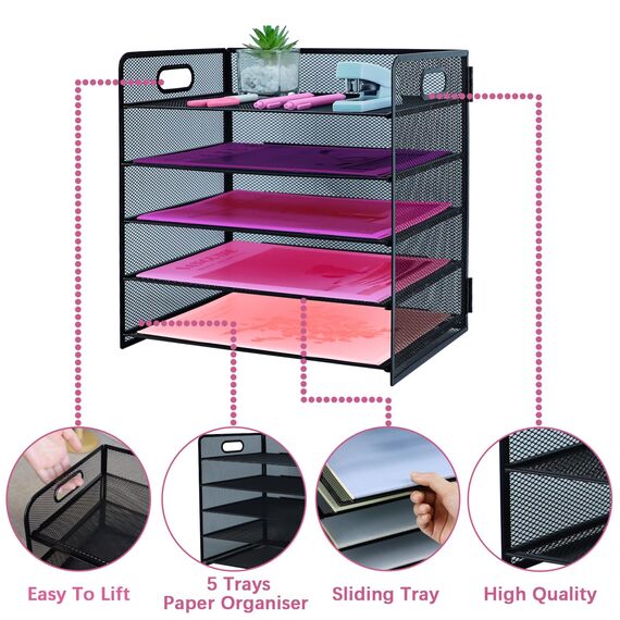 ideallife Briefablage mit 5 Ebenen, mit Griff, Metallgitter, Schreibtisch-Organizer mit verschiebbaren Ablagen, Papiersortierer, Schreibtisch-Organizer für Zuhause, Büro, Schule, Schwarz