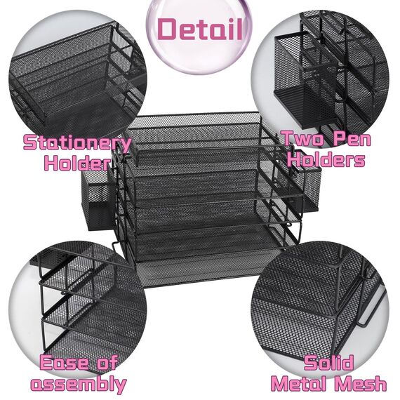 ideallife Briefablage Metall Stapelbar, Zeitschriftenhalter mit 4 Briefablagen aus Metallgeflecht, Büroschreibtisch Ordnungsmappe mit Zwei Stifthaltern für Büro, Schule, Zuhause
