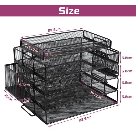 ideallife Briefablage Metall Stapelbar, Zeitschriftenhalter mit 4 Briefablagen aus Metallgeflecht, Büroschreibtisch Ordnungsmappe mit Zwei Stifthaltern für Büro, Schule, Zuhause