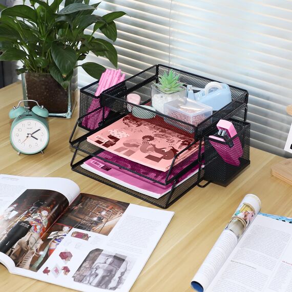 ideallife Stapelbare Briefablage aus Metall, Schwarz Schreibtisch Organizer mit 2 Dokumentenablage und 2 Stiftehalter, Mesh Schreibtischablage für A4 Dokument, Büroablage, Postkörbe