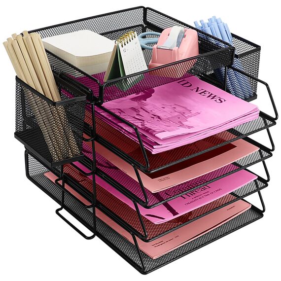 ideallife Stapelbare Briefablage aus Metall, Schwarz Schreibtisch Organizer mit 4 Dokumentenablage und 2 Stiftehalter, Mesh Schreibtischablage für A4 Dokument, Büroablage, Postkörbe