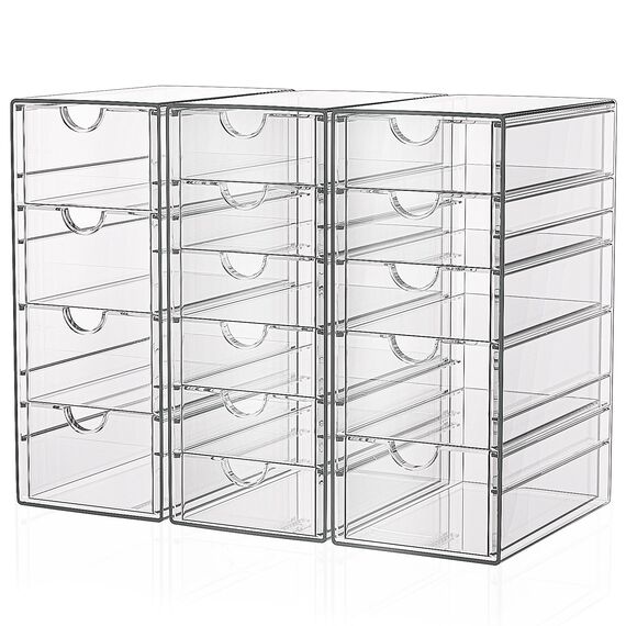 GoMaihe 3-Stücke Schubladenboxen Schreibtisch: Acryl Durchsichtig Schminktisch Organizer | Make up Organizer mit 15 Schubladen | Schreibtisch Organizer für Hause Büro Schule
