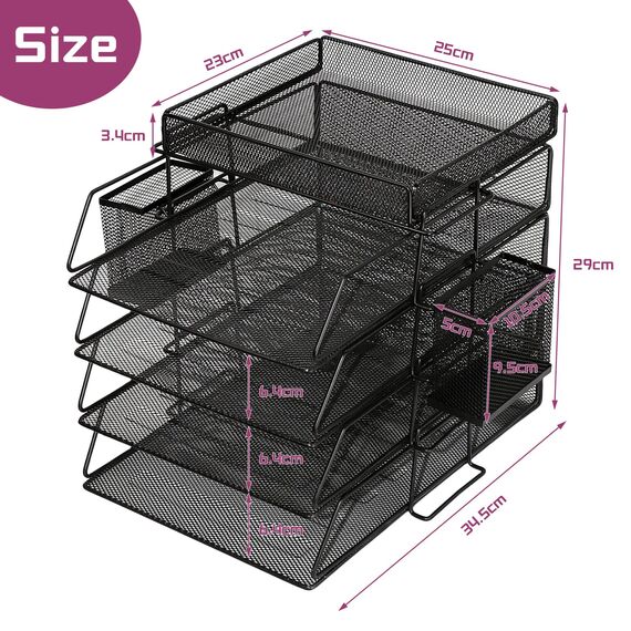 ideallife Stapelbare Briefablage aus Metall, Schwarz Schreibtisch Organizer mit 4 Dokumentenablage und 2 Stiftehalter, Mesh Schreibtischablage für A4 Dokument, Büroablage, Postkörbe