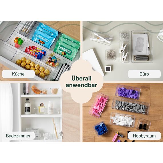 uandu Schubladen Organizer 50er Set mit 4 Größen – Schminktisch & Kosmetik Aufbewahrung für Schublade – MakeUp Ordnungssystem für Badezimmer, Küche & Büro