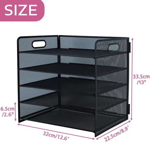 ideallife Briefablage mit 5 Ebenen, mit Griff, Metallgitter, Schreibtisch-Organizer mit verschiebbaren Ablagen, Papiersortierer, Schreibtisch-Organizer für Zuhause, Büro, Schule, Schwarz