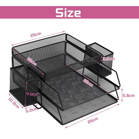 ideallife Stapelbare Briefablage aus Metall, Schwarz Schreibtisch Organizer mit 2 Dokumentenablage und 2 Stiftehalter, Mesh Schreibtischablage für A4 Dokument, Büroablage, Postkörbe