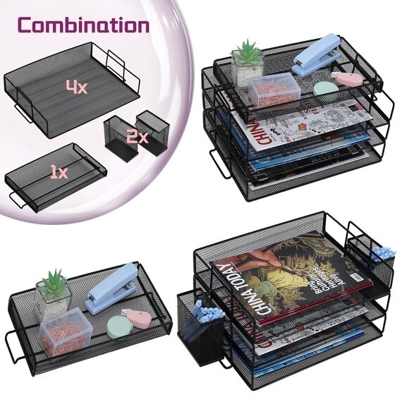 ideallife Briefablage Metall Stapelbar, Zeitschriftenhalter mit 4 Briefablagen aus Metallgeflecht, Büroschreibtisch Ordnungsmappe mit Zwei Stifthaltern für Büro, Schule, Zuhause