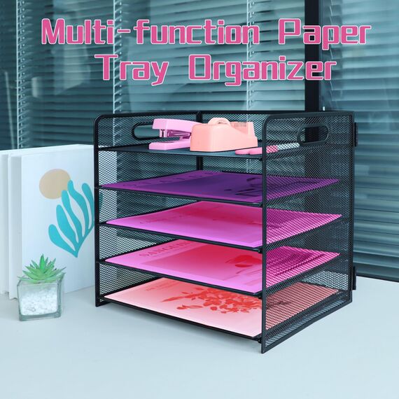 ideallife Briefablage mit 5 Ebenen, mit Griff, Metallgitter, Schreibtisch-Organizer mit verschiebbaren Ablagen, Papiersortierer, Schreibtisch-Organizer für Zuhause, Büro, Schule, Schwarz