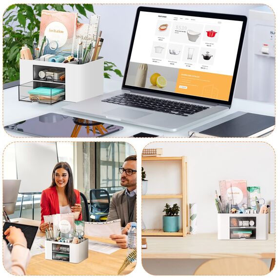 PAMIYO Schreibtisch Organizer 7 Fächer Plastik Büro Organizer, Multifunktionaler Stiftehalter Schreibtisch mit Schublade,Tisch Organizer aus Kunststoff, Stifteköcher für Büro Zuhause Schule (Weiß)
