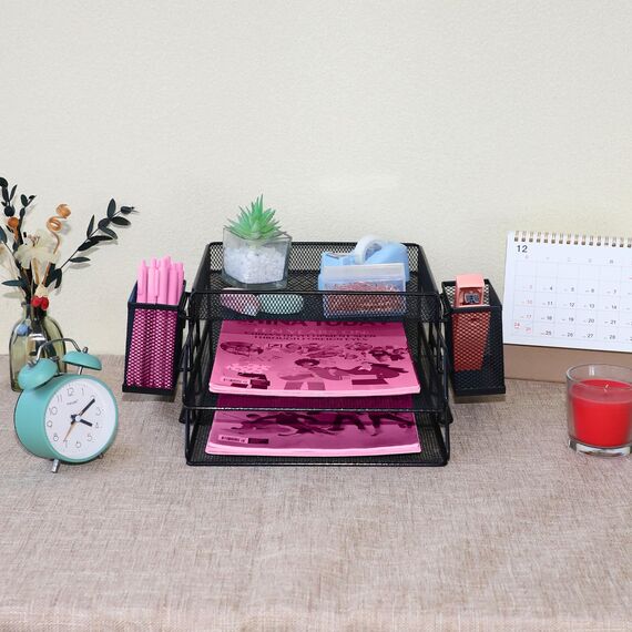 ideallife Stapelbare Briefablage aus Metall, Schwarz Schreibtisch Organizer mit 2 Dokumentenablage und 2 Stiftehalter, Mesh Schreibtischablage für A4 Dokument, Büroablage, Postkörbe