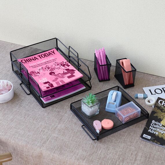 ideallife Stapelbare Briefablage aus Metall, Schwarz Schreibtisch Organizer mit 2 Dokumentenablage und 2 Stiftehalter, Mesh Schreibtischablage für A4 Dokument, Büroablage, Postkörbe