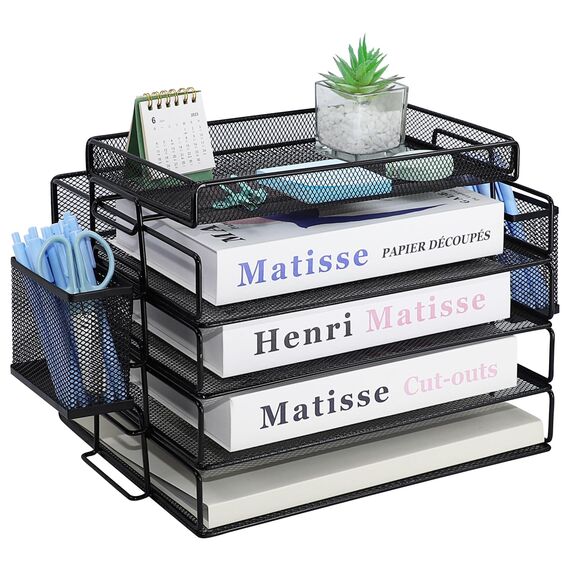ideallife Briefablage Metall Stapelbar, Zeitschriftenhalter mit 4 Briefablagen aus Metallgeflecht, Büroschreibtisch Ordnungsmappe mit Zwei Stifthaltern für Büro, Schule, Zuhause