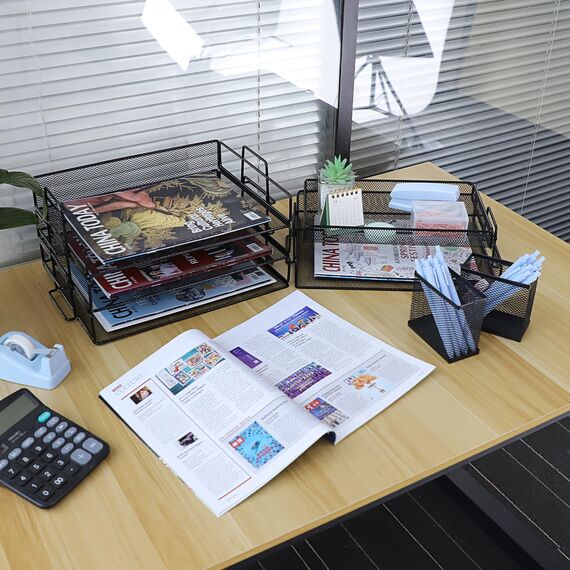 ideallife Briefablage Metall Stapelbar, Zeitschriftenhalter mit 4 Briefablagen aus Metallgeflecht, Büroschreibtisch Ordnungsmappe mit Zwei Stifthaltern für Büro, Schule, Zuhause
