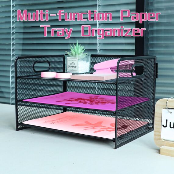 ideallife Briefablage mit 3 Ebenen, mit Griff, Metallgitter, Schreibtisch-Organizer mit verschiebbaren Ablagen, Papiersortierer, Schreibtisch für Zuhause, Büro, Schule, Schwarz