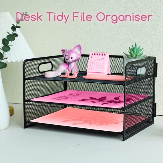 ideallife Briefablage mit 3 Ebenen, mit Griff, Metallgitter, Schreibtisch-Organizer mit verschiebbaren Ablagen, Papiersortierer, Schreibtisch für Zuhause, Büro, Schule, Schwarz