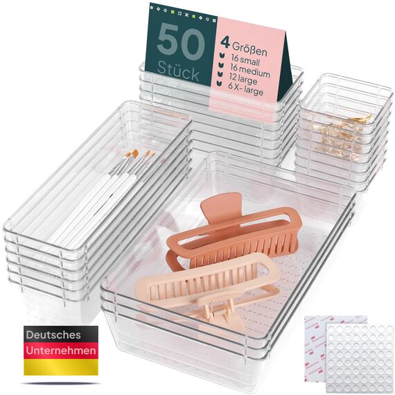 uandu Schubladen Organizer 50er Set mit 4 Größen – Schminktisch & Kosmetik Aufbewahrung für Schublade – MakeUp Ordnungssystem für Badezimmer, Küche & Büro