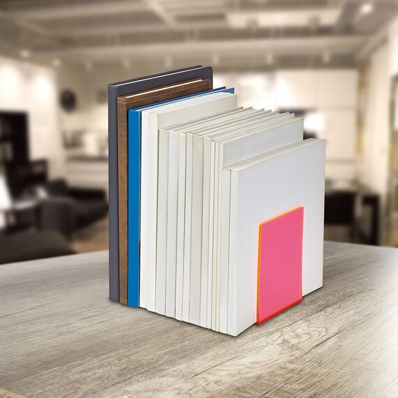 MAUL Buchstütze aus Acryl (2er Pack) 10x10x13cm | Bücherhalter, Organzier für Kinder, Bücher, Büro, Regal | Bücherstütze im stilvollen Acryl Design | möbelschonender Buchhalter | Rosa