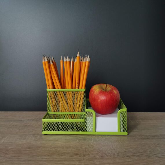 Leviatan Schreibtisch Organizer | Stiftehalter Schreibtisch Stifteköcher Tisch-Organizer aus Metall | Büroablage mit Zettelhalter Mesh | 205x103x98mm Limonenfarben