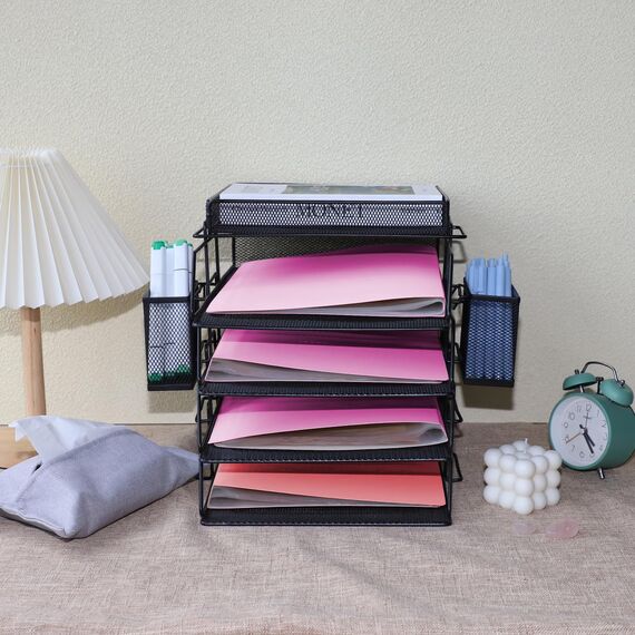 ideallife Stapelbare Briefablage aus Metall, Schwarz Schreibtisch Organizer mit 4 Dokumentenablage und 2 Stiftehalter, Mesh Schreibtischablage für A4 Dokument, Büroablage, Postkörbe